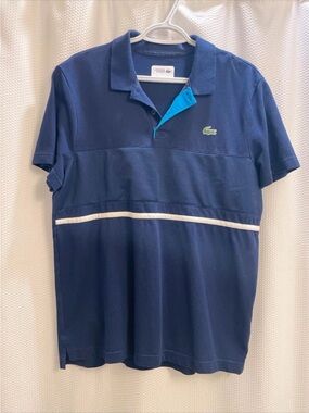 Lacoste Navy Polo with Light Blue Inner Placket and White Stripe